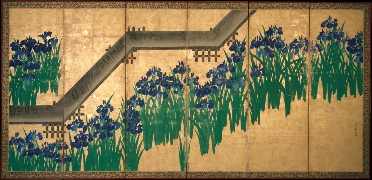 Ogata Korin, Irises at Yatsuhashi (Eight Bridges), pair of six-panel screens, after 1709