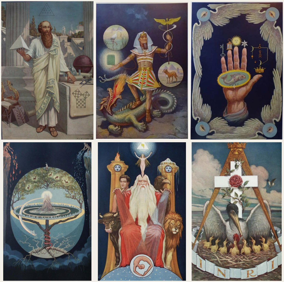Six paintings by J. Augustus Knapp from The Secret Teachings of All Ages: Pythagoras, Hermes, the Hand of the Mysteries, Yggdrasil, the Ancient of Ancients and the Rose Croix pelican