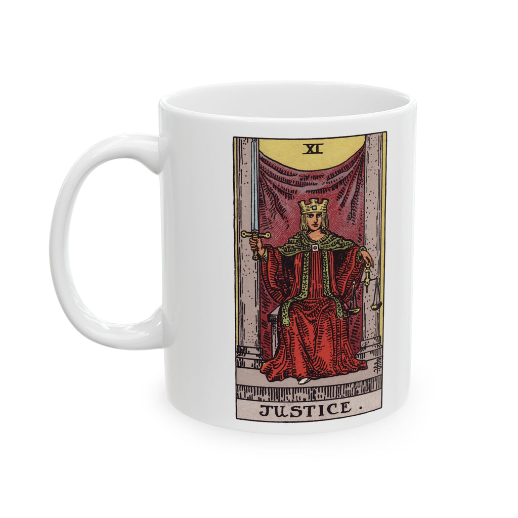 Justice tarot card mug, Rider-Waite-Smith design, ceramic 11oz/15oz, view 2
