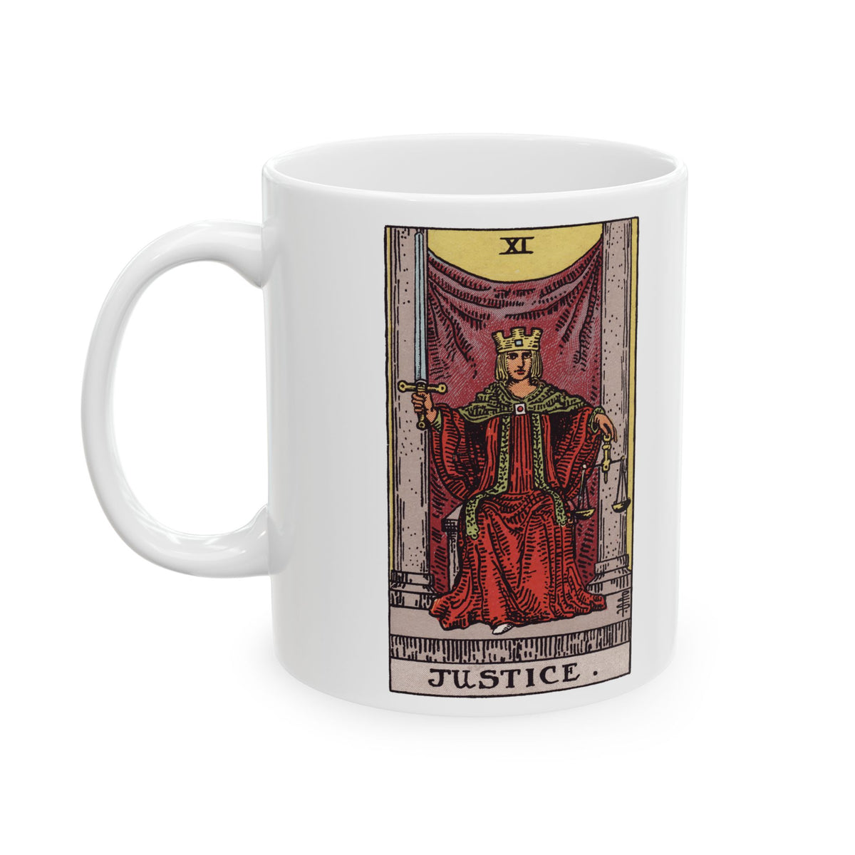 Justice tarot card mug, Rider-Waite-Smith design, ceramic 11oz/15oz, view 2