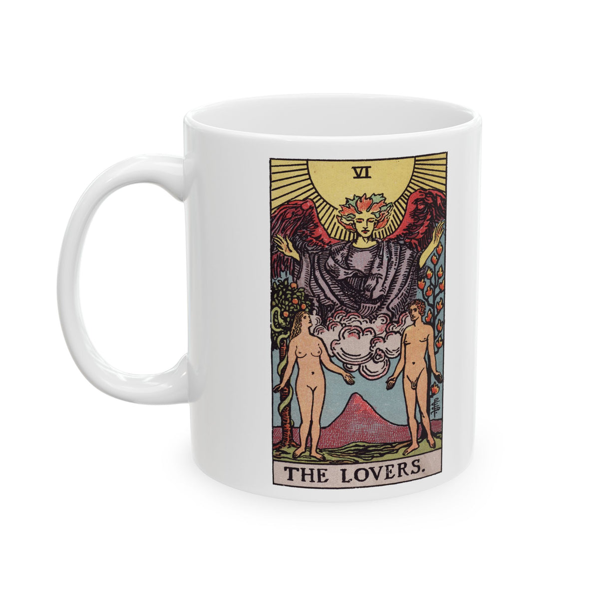 The Lovers tarot card mug, Rider-Waite-Smith design, ceramic 11oz/15oz, view 2
