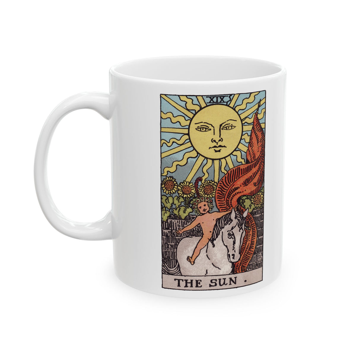 The Sun tarot card mug, Rider-Waite-Smith design, ceramic 11oz/15oz, view 2