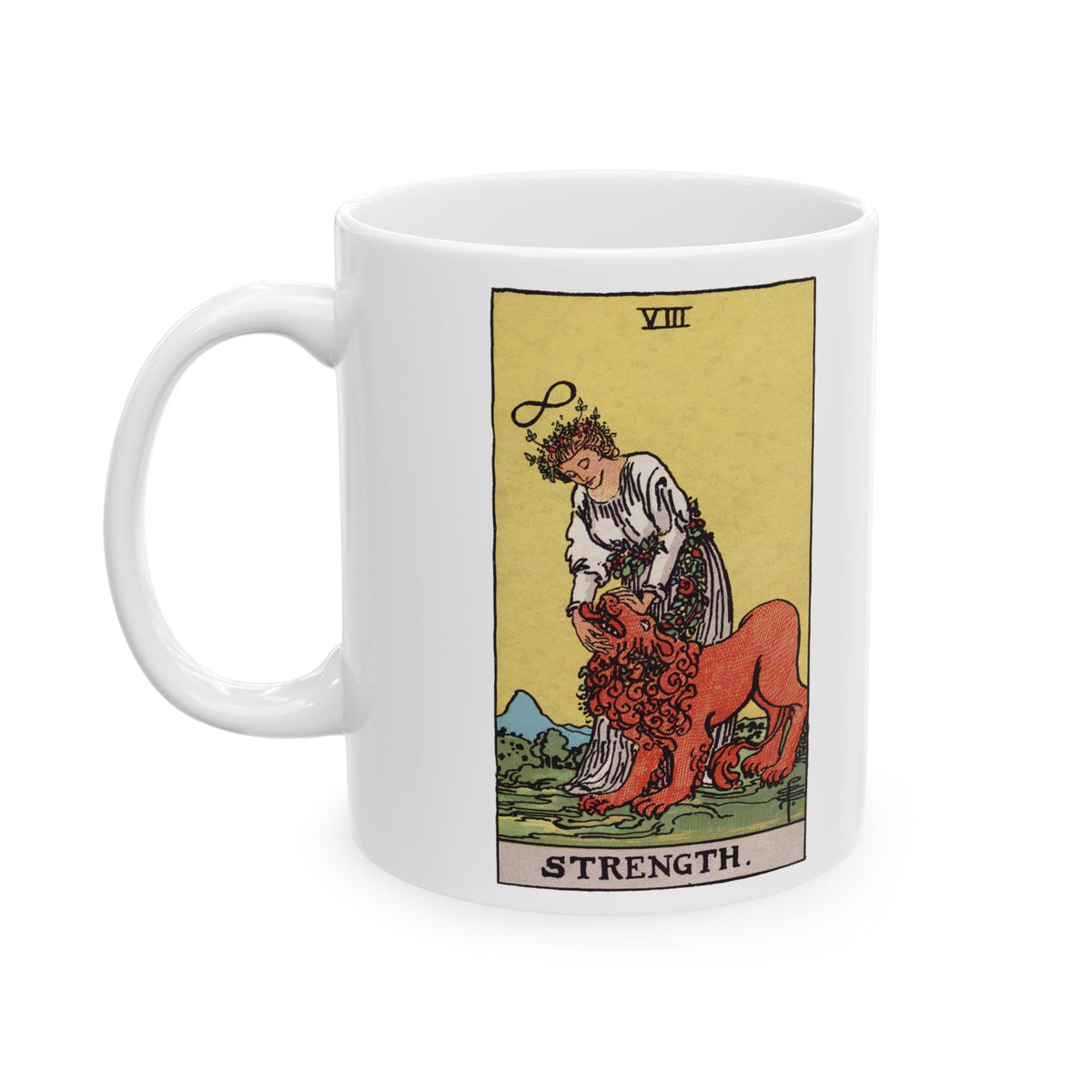 Strength tarot card mug, Rider-Waite-Smith design, ceramic 11oz/15oz, view 2