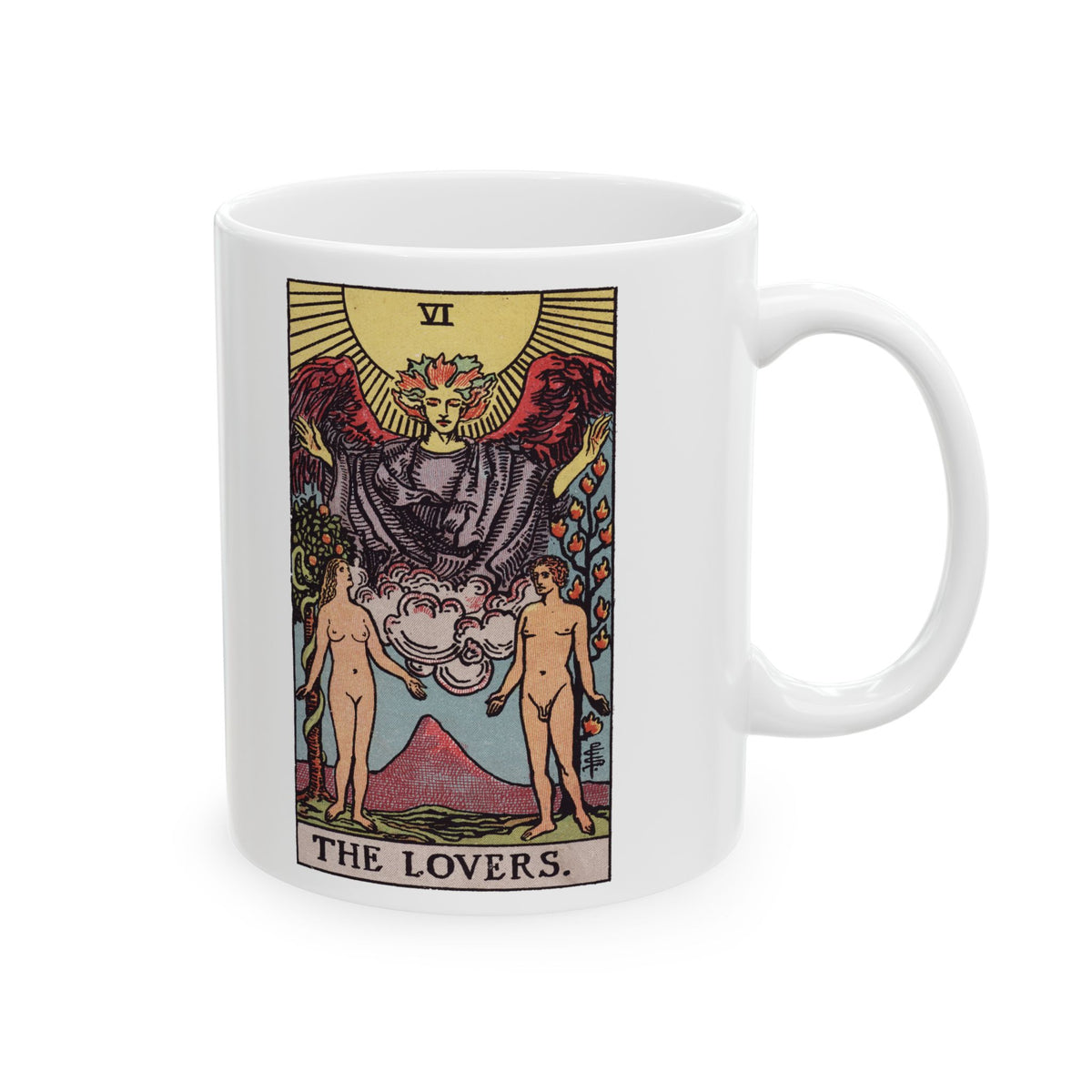 The Lovers tarot card mug, Rider-Waite-Smith design, ceramic 11oz/15oz, view 1