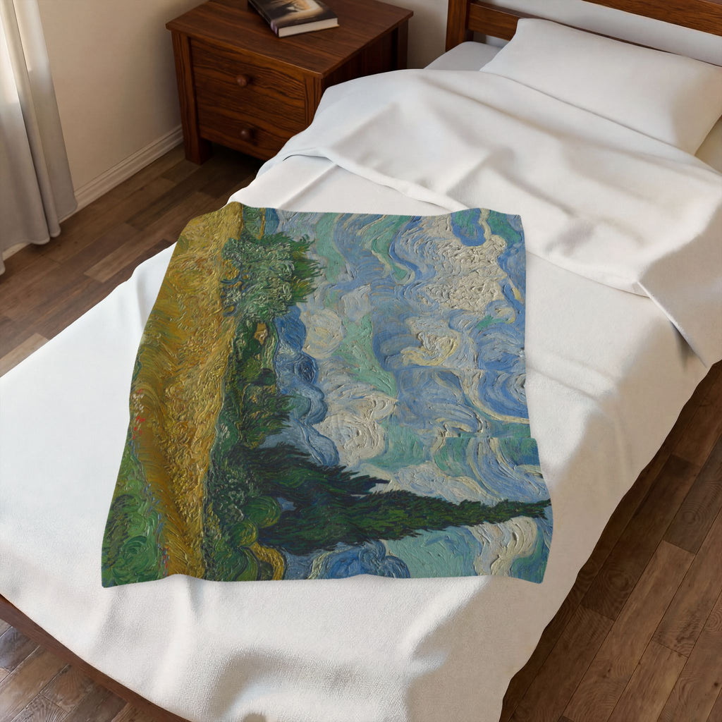 Wheat Field with Cypresses Velveteen Plush Blanket