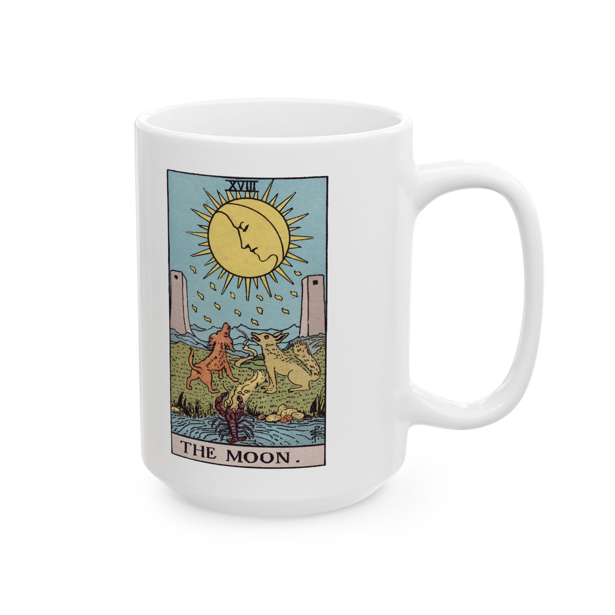 The Moon tarot card mug, Rider-Waite-Smith design, ceramic 11oz/15oz, view 3