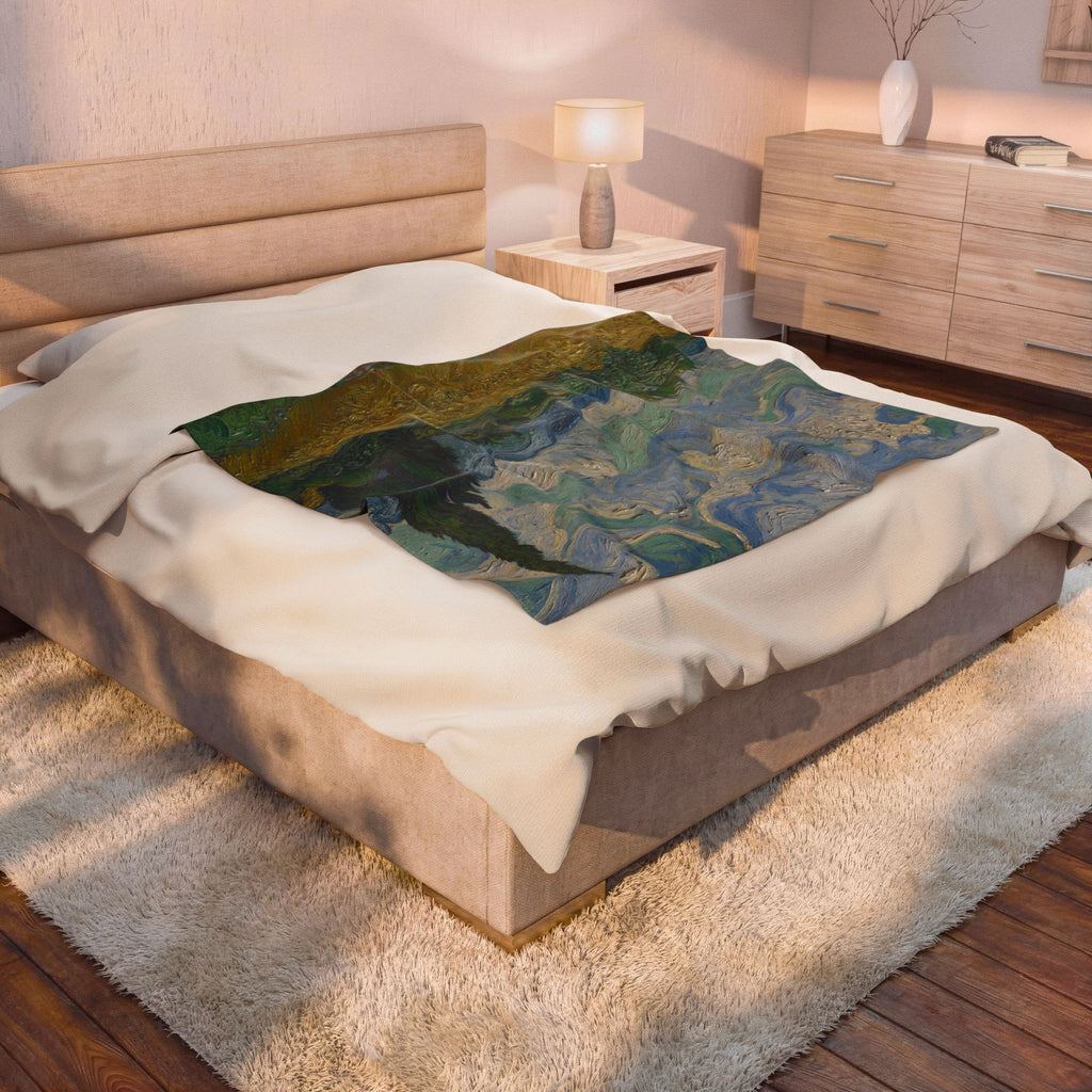 Wheat Field with Cypresses Velveteen Plush Blanket