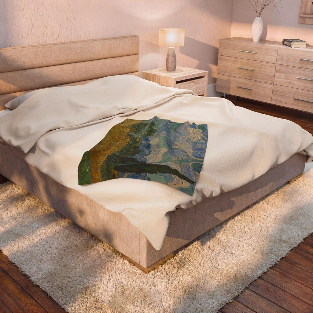 Wheat Field with Cypresses Velveteen Plush Blanket