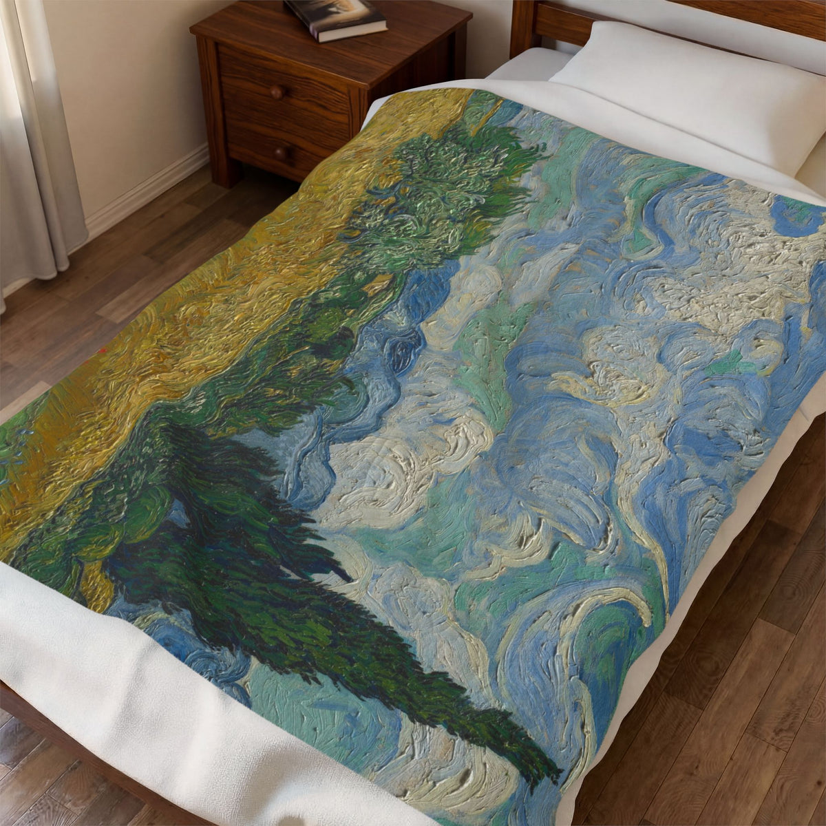 Wheat Field with Cypresses Velveteen Plush Blanket