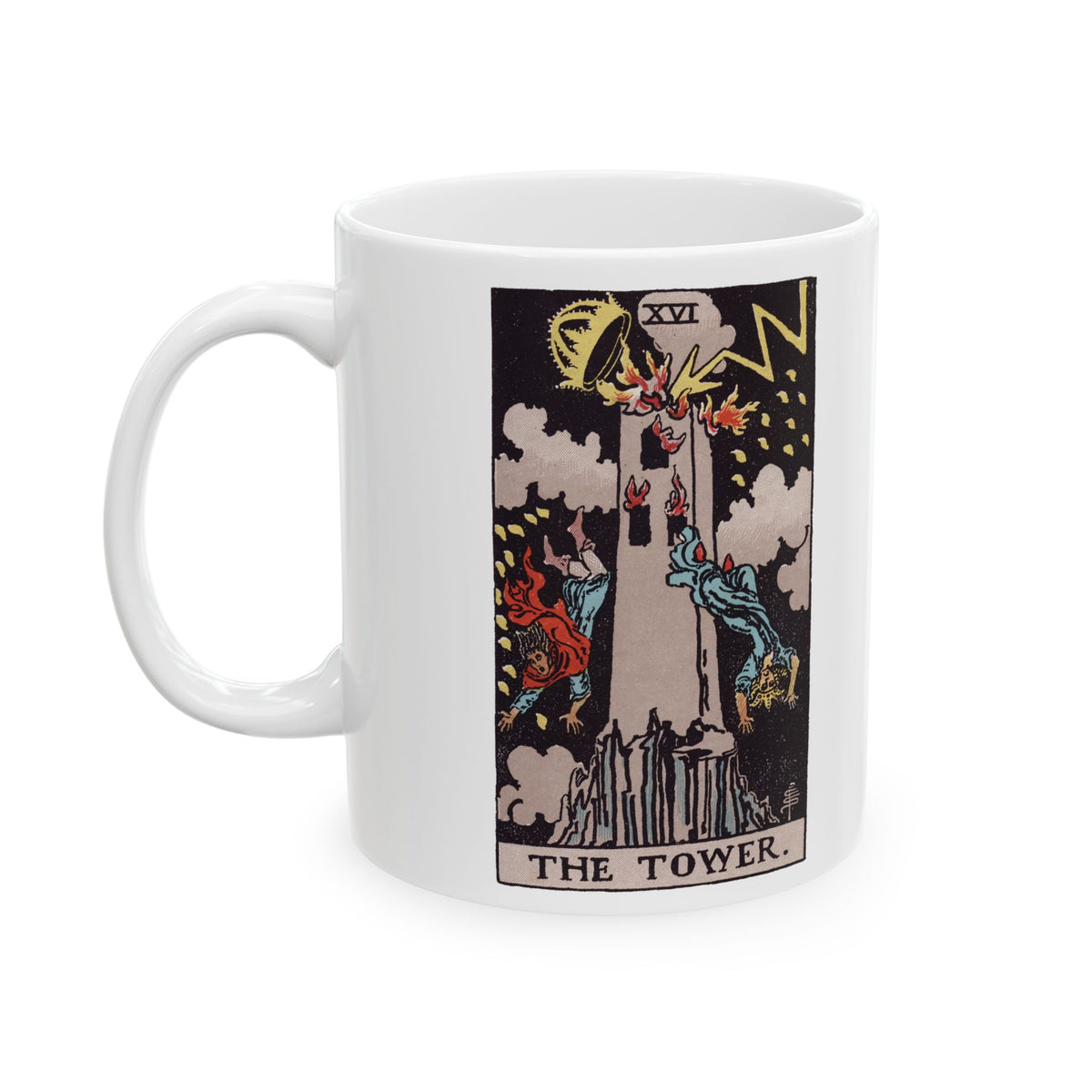The Tower tarot card mug, Rider-Waite-Smith design, ceramic 11oz/15oz, view 2