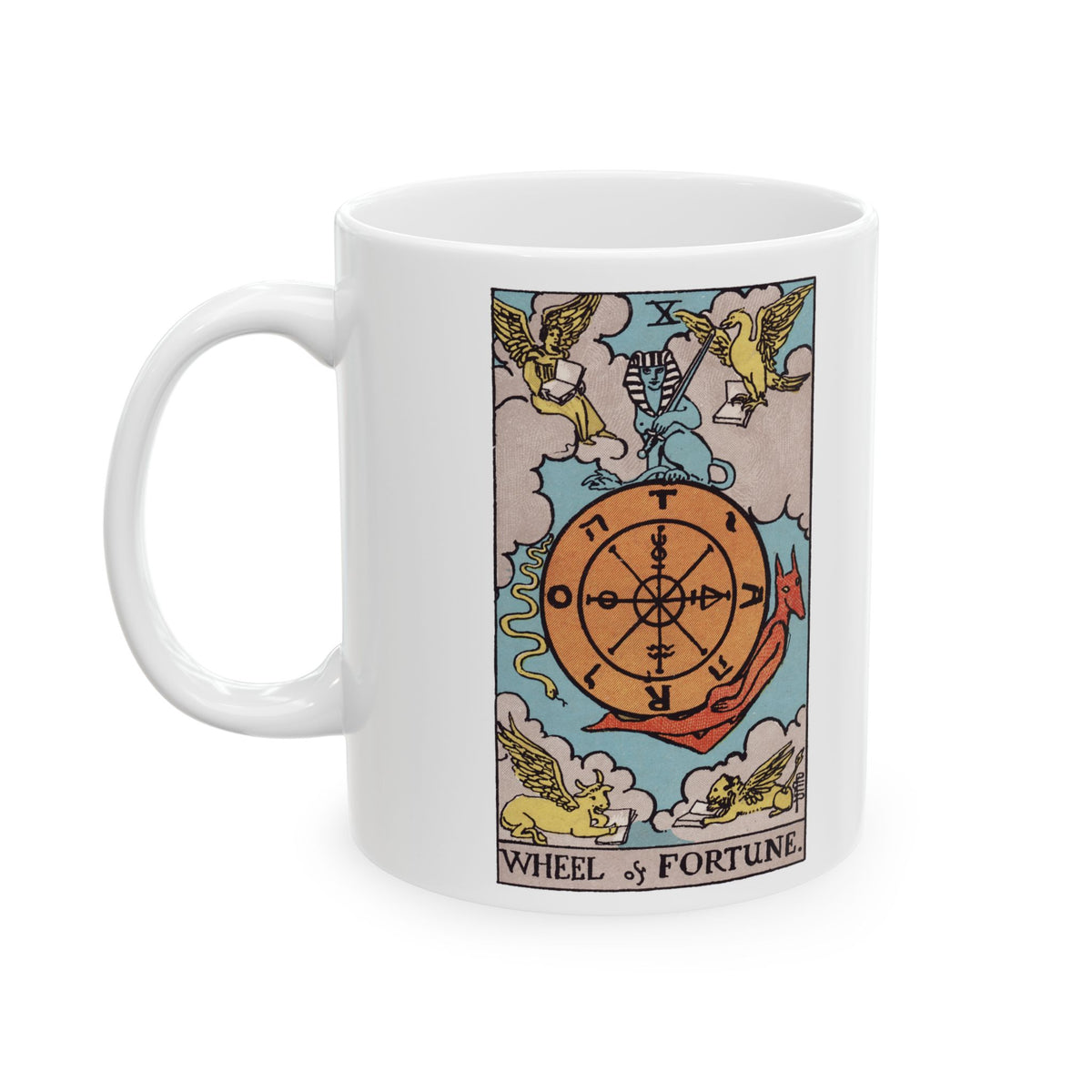 Wheel of Fortune tarot card mug, Rider-Waite-Smith design, ceramic 11oz/15oz, view 2