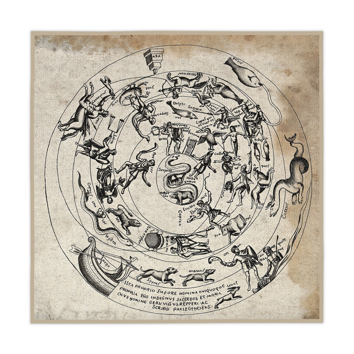 Antique Zodiac Etching Altar Cloth: Constellations as Figures and Beasts