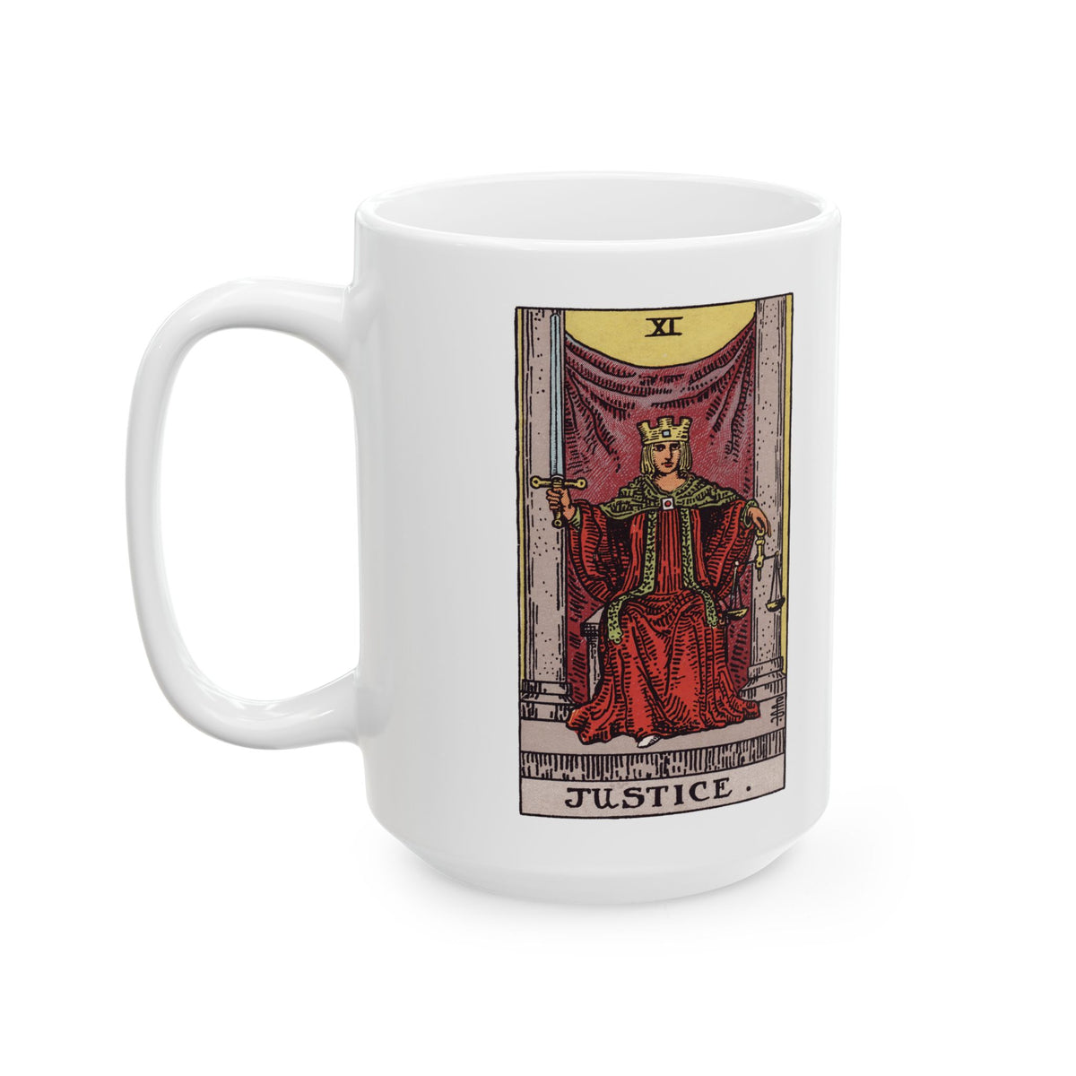 Justice tarot card mug, Rider-Waite-Smith design, ceramic 11oz/15oz, view 4