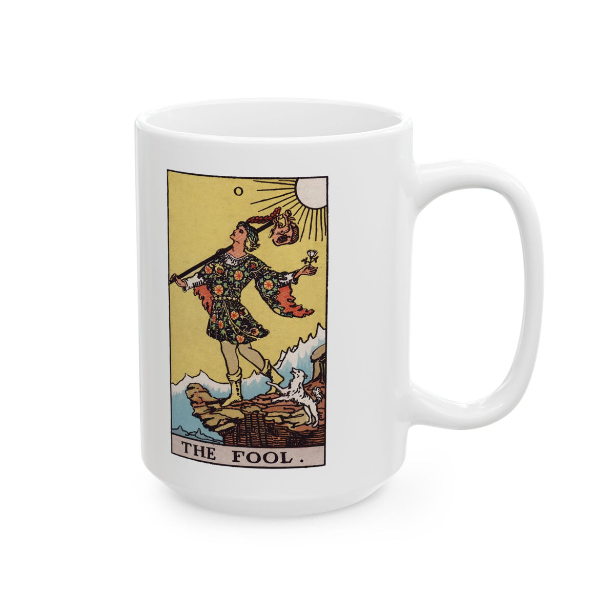 The Fool tarot card mug, Rider-Waite-Smith design, ceramic 11oz/15oz, view 3