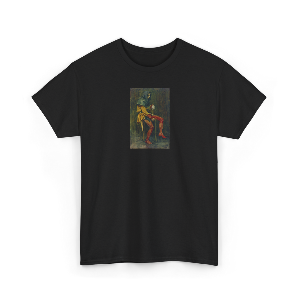 The Break Shirt in Black, front view, printed with a Waterhouse painting of a hooded figure at rest