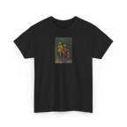 The Break Shirt in Black, front view, printed with a Waterhouse painting of a hooded figure at rest