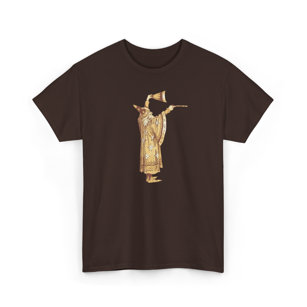 The Wizard Shirt in Dark Chocolate, front view, printed with a vintage illustration of a golden-robed wizard