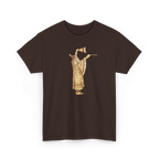 The Wizard Shirt in Dark Chocolate, front view, printed with a vintage illustration of a golden-robed wizard