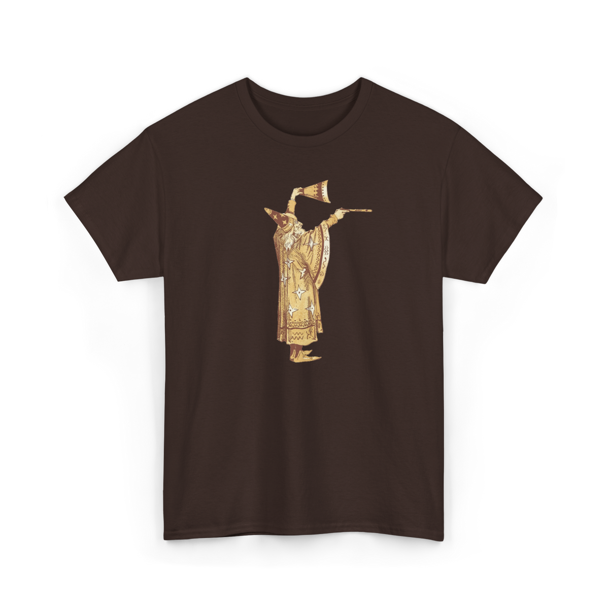 The Wizard Shirt in Dark Chocolate, front view, printed with a vintage illustration of a golden-robed wizard