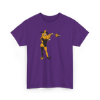 Harlequin Shirt in Purple, front view, printed with a vintage harlequin jester illustration