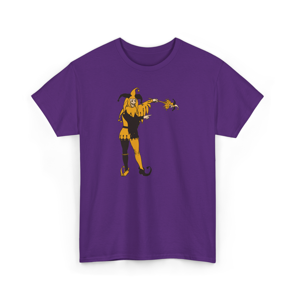 Harlequin Shirt in Purple, front view, printed with a vintage harlequin jester illustration