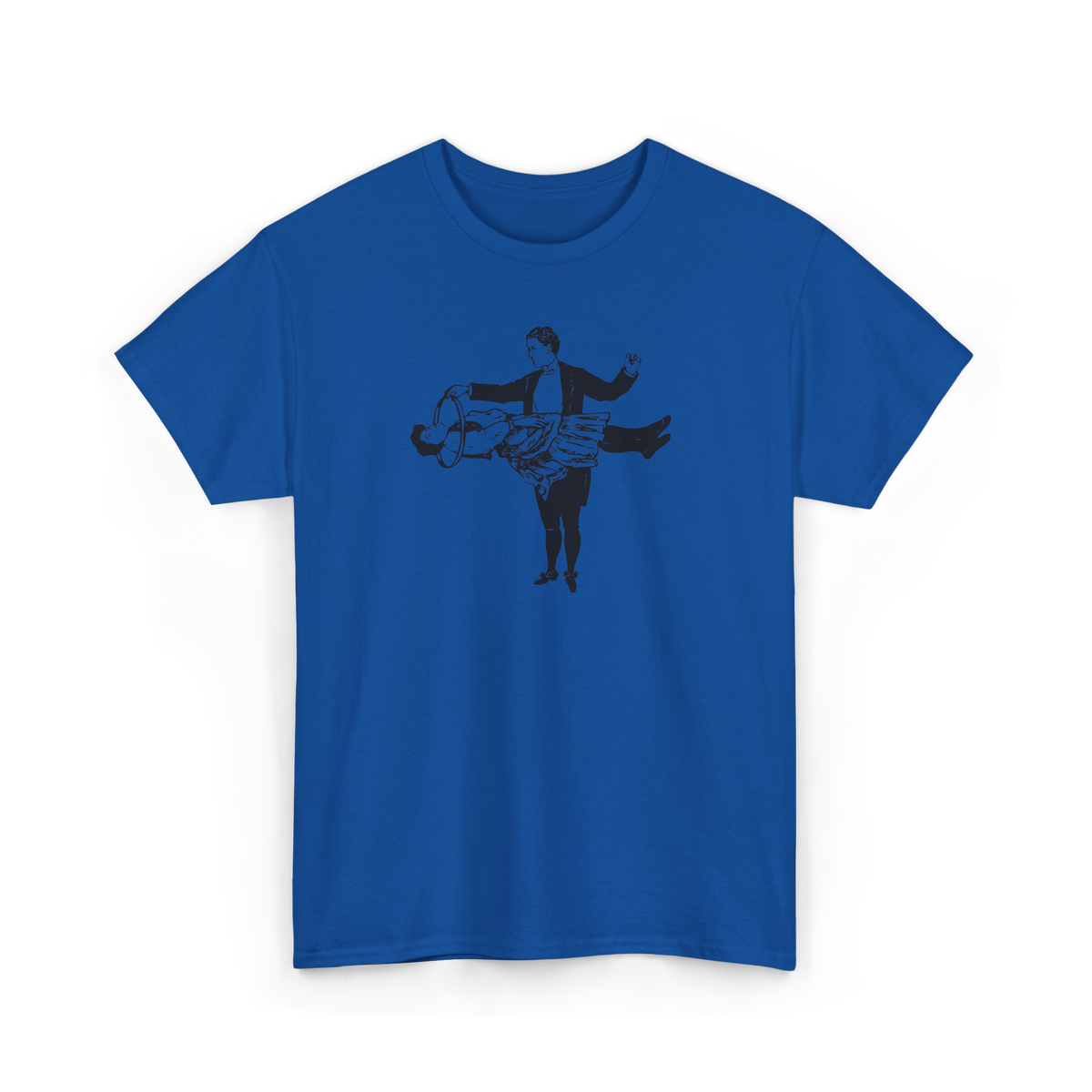 The Illusionist Shirt in Royal, front view, printed with a vintage stage magician illustration