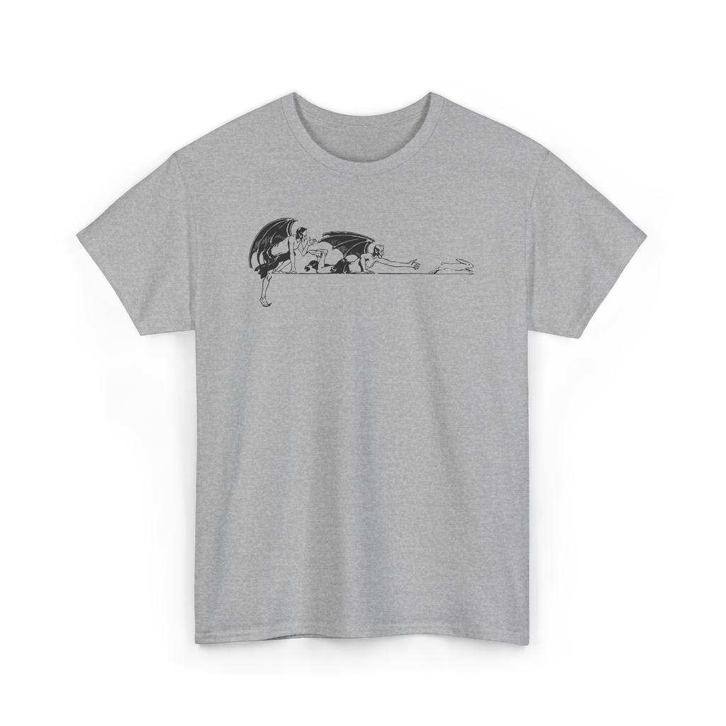 Rabbit Hunting Shirt in Sport Grey, front view, printed with a vintage illustration of two imps stalking a rabbit