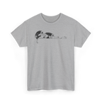 Rabbit Hunting Shirt in Sport Grey, front view, printed with a vintage illustration of two imps stalking a rabbit