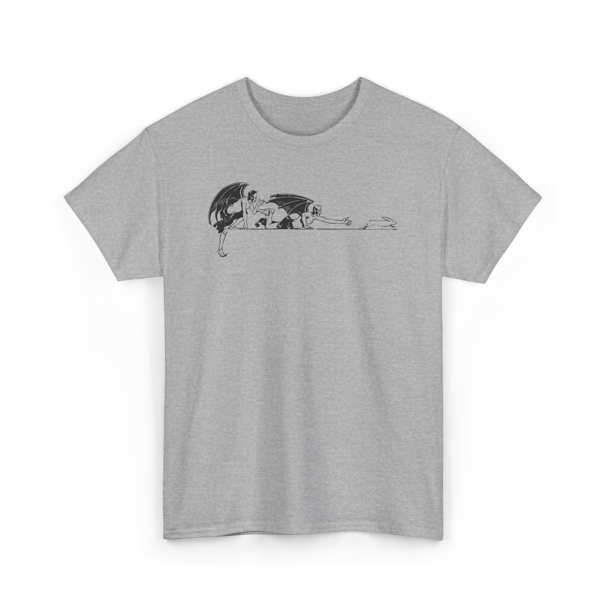 Rabbit Hunting Shirt in Sport Grey, front view, printed with a vintage illustration of two imps stalking a rabbit