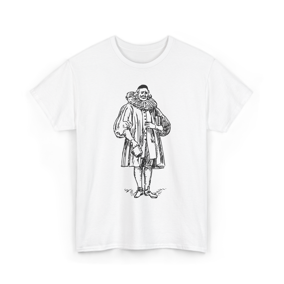 The Scholar Shirt in White, front view, printed with a Renaissance-style engraving of a scholar
