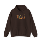 Hieroglyphs Hoodie in Dark Chocolate, front view, printed with ancient Egyptian tomb-painting figures