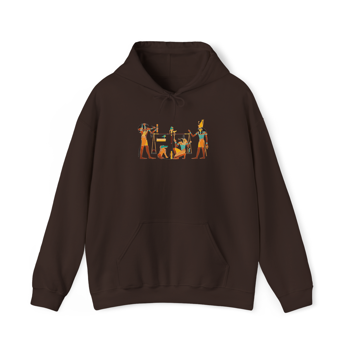 Hieroglyphs Hoodie in Dark Chocolate, front view, printed with ancient Egyptian tomb-painting figures
