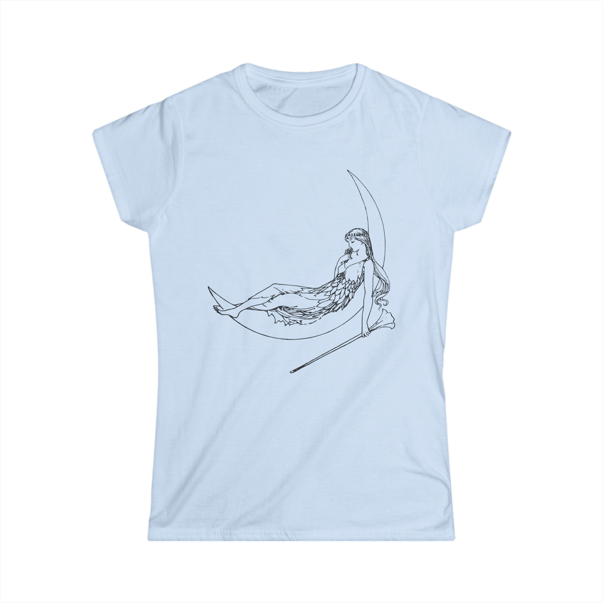 Moon Nap Tee in Light Blue, front view, printed with a vintage drawing of a woman asleep in a crescent moon