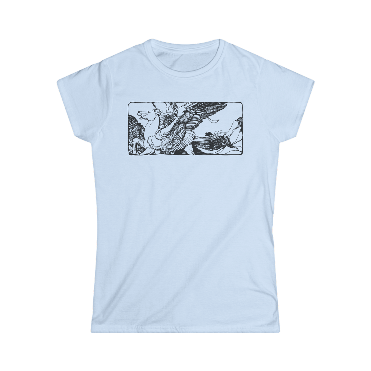 Pegasus Tee in Light Blue, front view, printed with a vintage engraving of Pegasus in flight