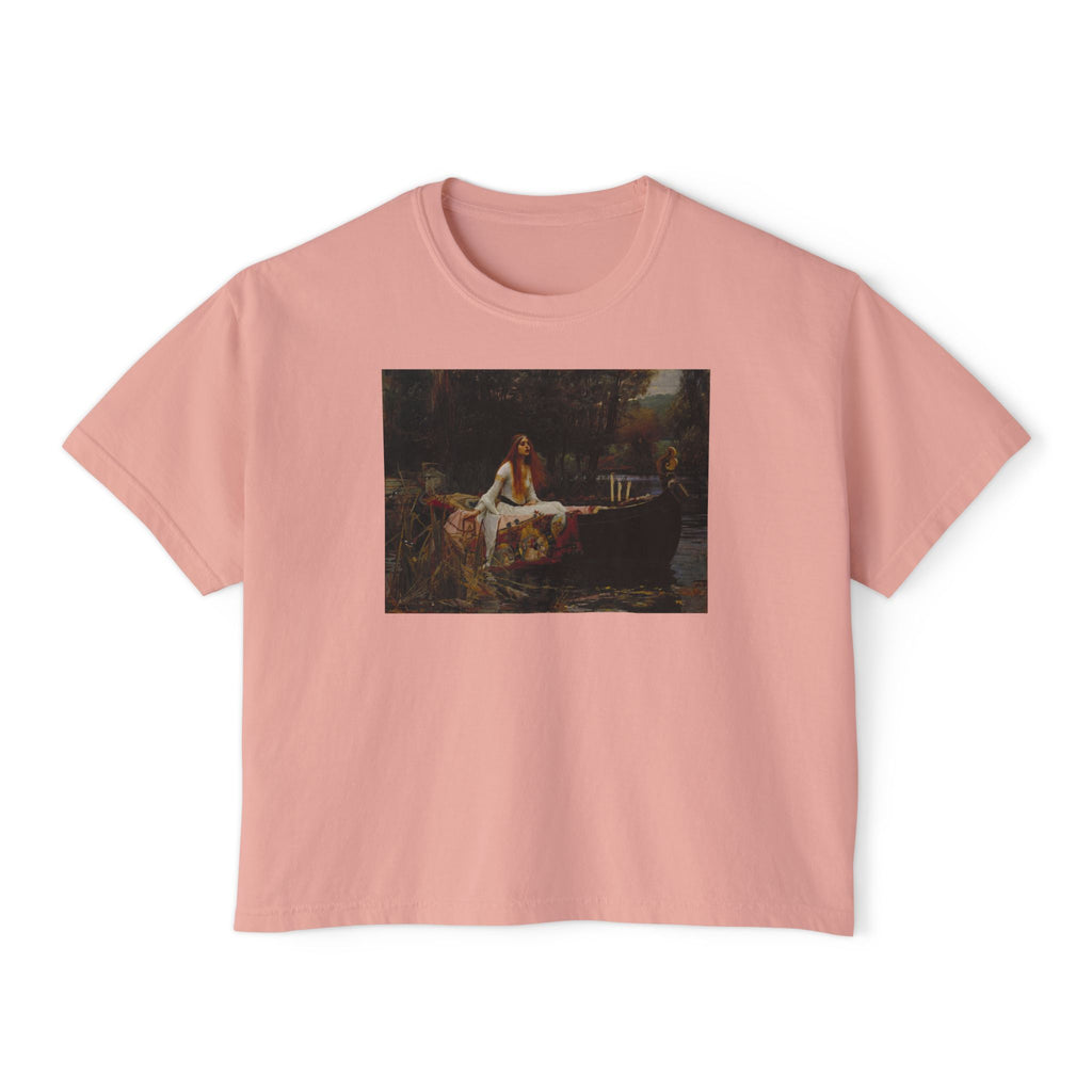 Lady of Shalott Boxy Tee in Peachy, front view, printed with Waterhouse's The Lady of Shalott