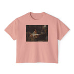 Lady of Shalott Boxy Tee in Peachy, front view, printed with Waterhouse's The Lady of Shalott