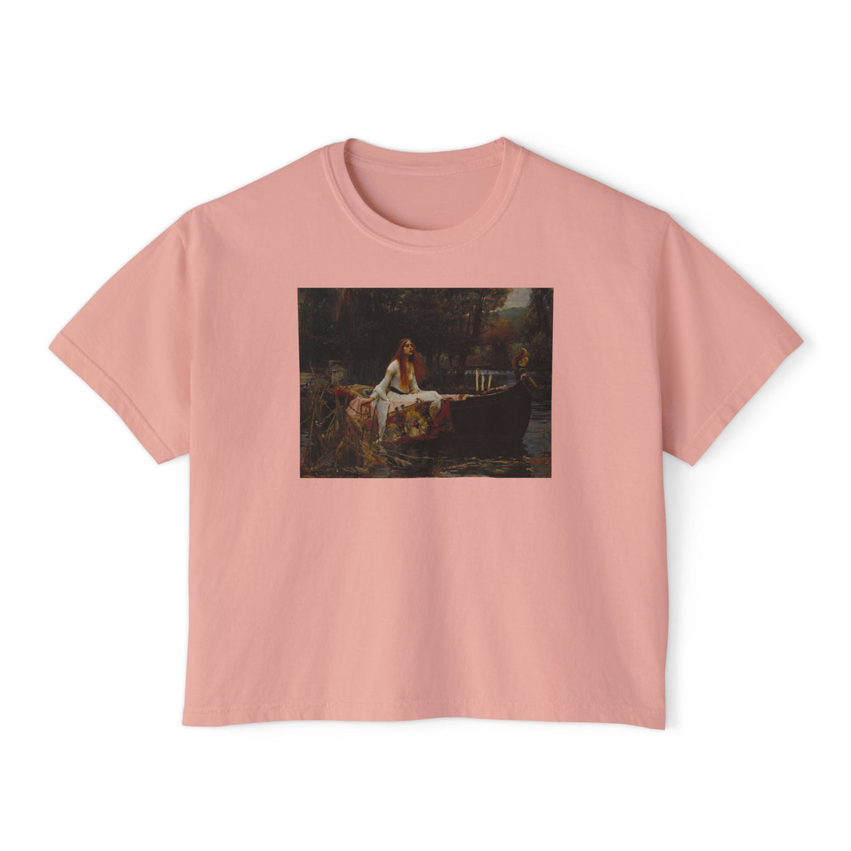 Lady of Shalott Boxy Tee in Peachy, front view, printed with Waterhouse's The Lady of Shalott