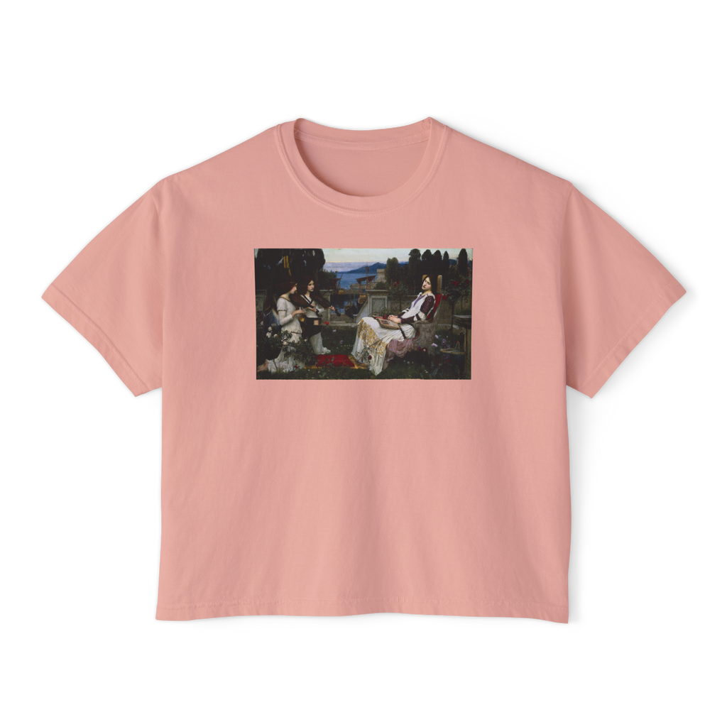 Saint Cecilia Boxy Tee in Peachy, front view, printed with Waterhouse's Saint Cecilia