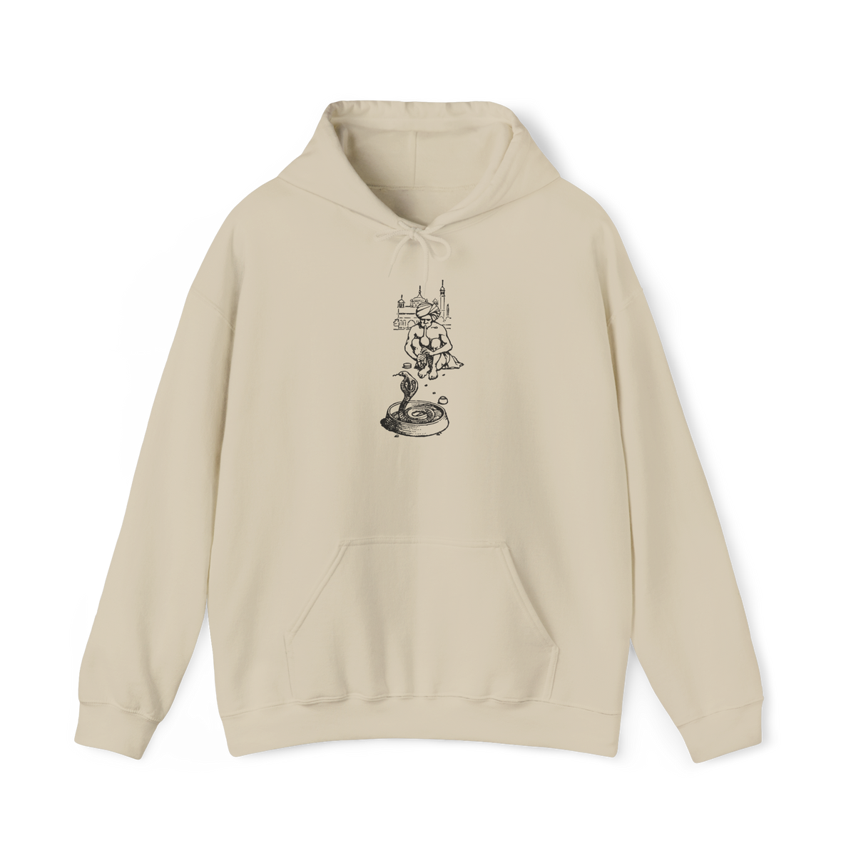 Snake Charmer Hoodie in Sand, front view, printed with a vintage snake charmer engraving