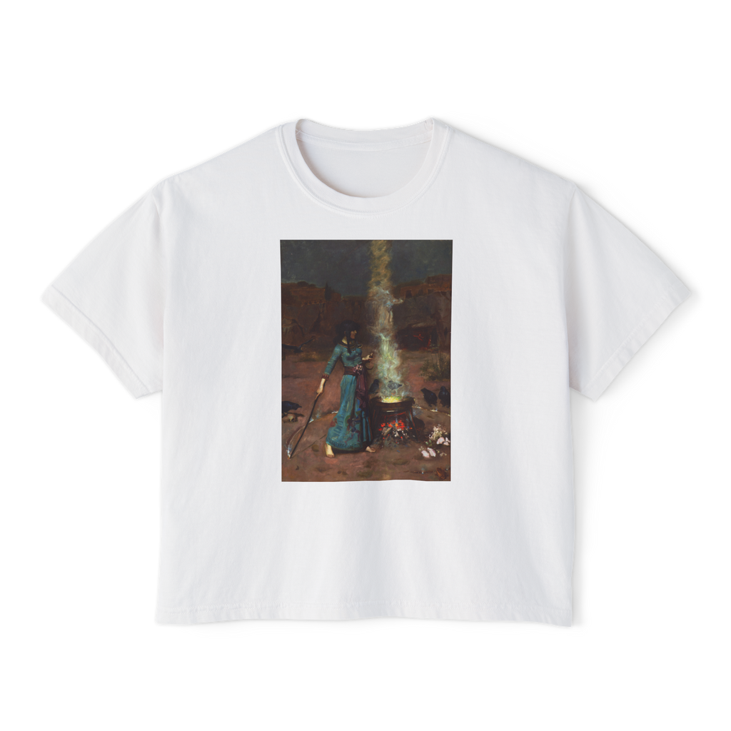 Magic Circle Boxy Tee in White, front view, printed with Waterhouse's The Magic Circle