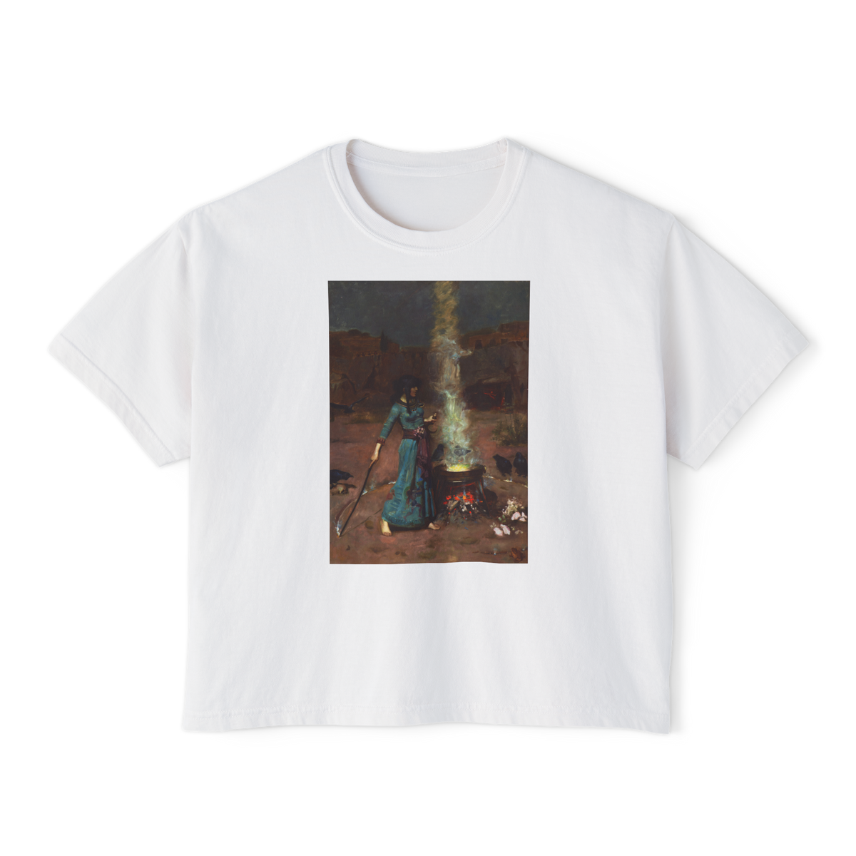 Magic Circle Boxy Tee in White, front view, printed with Waterhouse's The Magic Circle