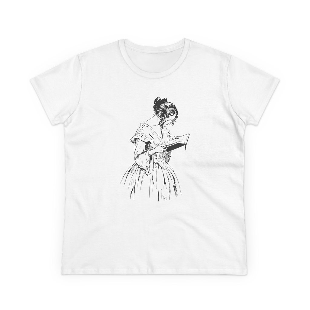 The Reader Tee in White, front view, printed with a vintage drawing of a Victorian woman reading