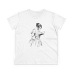 The Reader Tee in White, front view, printed with a vintage drawing of a Victorian woman reading