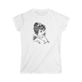 Smile Tee in White, front view, printed with a vintage engraved portrait of a smiling woman