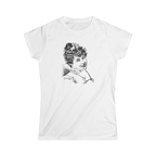 Smile Tee in White, front view, printed with a vintage engraved portrait of a smiling woman