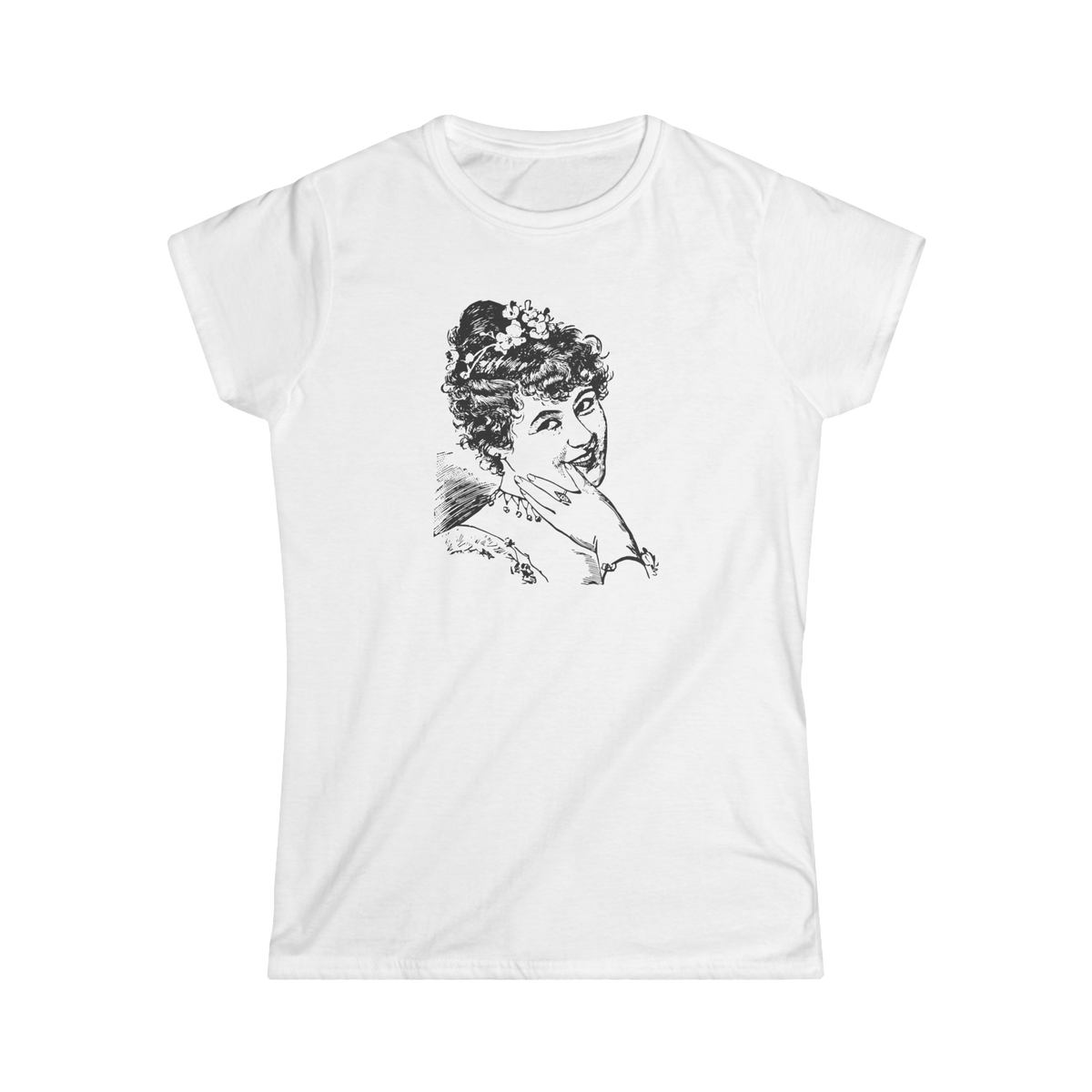 Smile Tee in White, front view, printed with a vintage engraved portrait of a smiling woman
