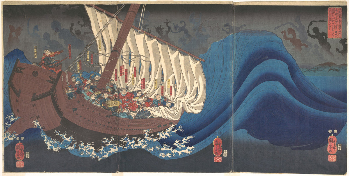 Ghosts of the Taira at Daimotsu Bay by Utagawa Kuniyoshi, woodblock triptych